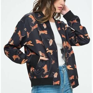 Tiger Print All Over Black Light Bomber Jacket SM Wardrove Women's M 3824